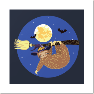 Sloth flying on witch broom Posters and Art